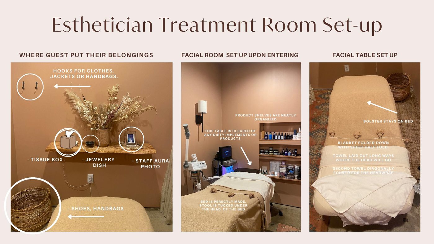 Three labelled photos of the esthetician treatment room. The same belongings wall with hooks, a shelf holding a tissue box, jewelry dish and framed aura photo, and a basket on the floor. The room from the doorway, with a made facial bed, a cleared side table, and wall shelves of neatly arranged skincare products. The facial bed close up, with a bolster under a tasselled blanket folded down, a half-folded sheet, a towel laid lengthwise at the head and a second towel folded diagonally for a headwrap.