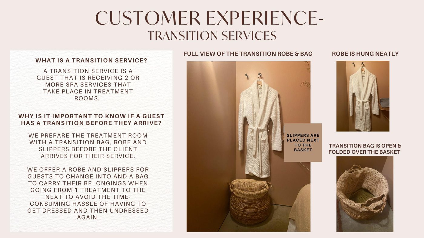 Transition service setup showing robe hung neatly, slippers, and transition bag open in basket